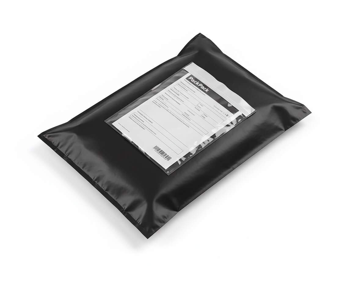 Przylga kurierska naklejona na czarny foliopak – wizualizacja wygenerowana z AI – gralapack.com.pl